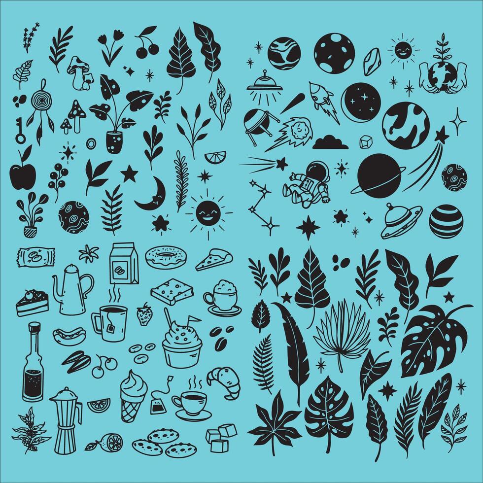 Big collection of astronaut, earth, nature and food icons. Collection of black thin line icons. Vector illustration