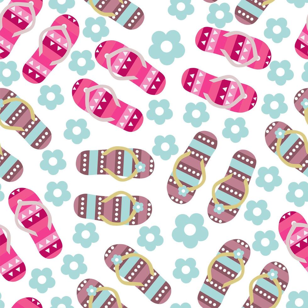 Colorful flip flops on white background seamless pattern with flowers. Travel, vacation minimalistic concept vector