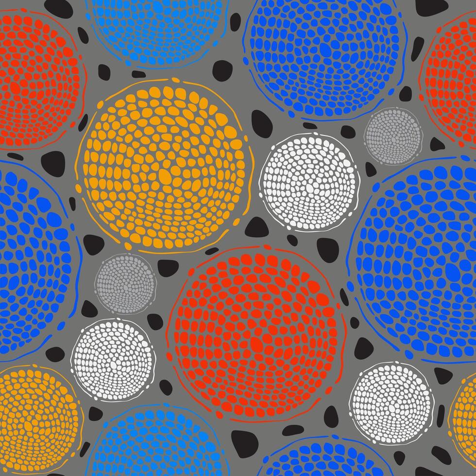Vector geometric seamless pattern. Universal Repeating abstract circles figure in red, blue, yellow and gray colors.