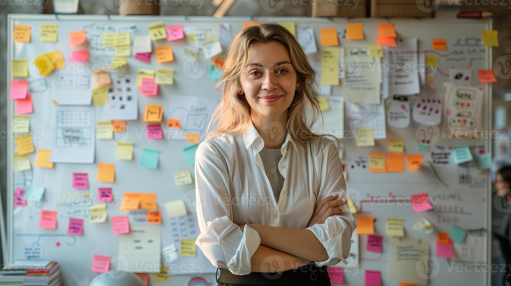 AI generated woman in front of wall with sticky notes photo