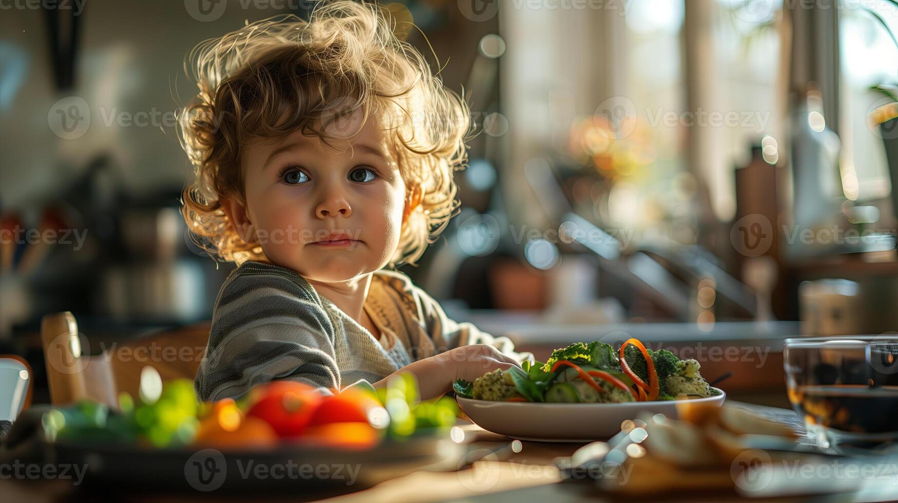 AI generated A little boy having a breakfast in a kitchen in the morning photo