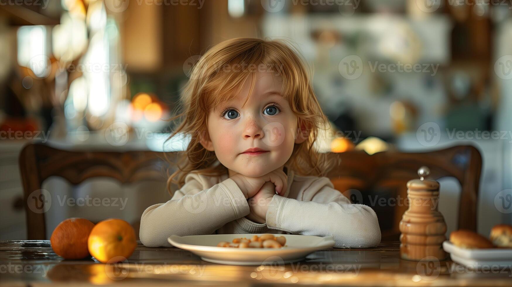 AI generated A little boy having a breakfast in a kitchen in the morning photo