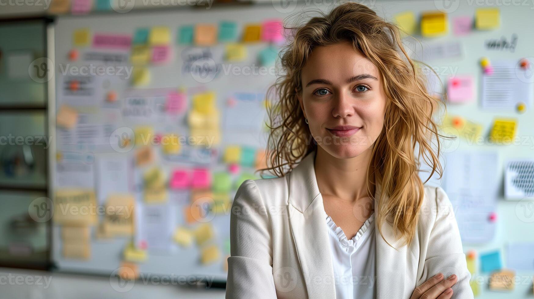 AI generated woman in front of wall with sticky notes photo