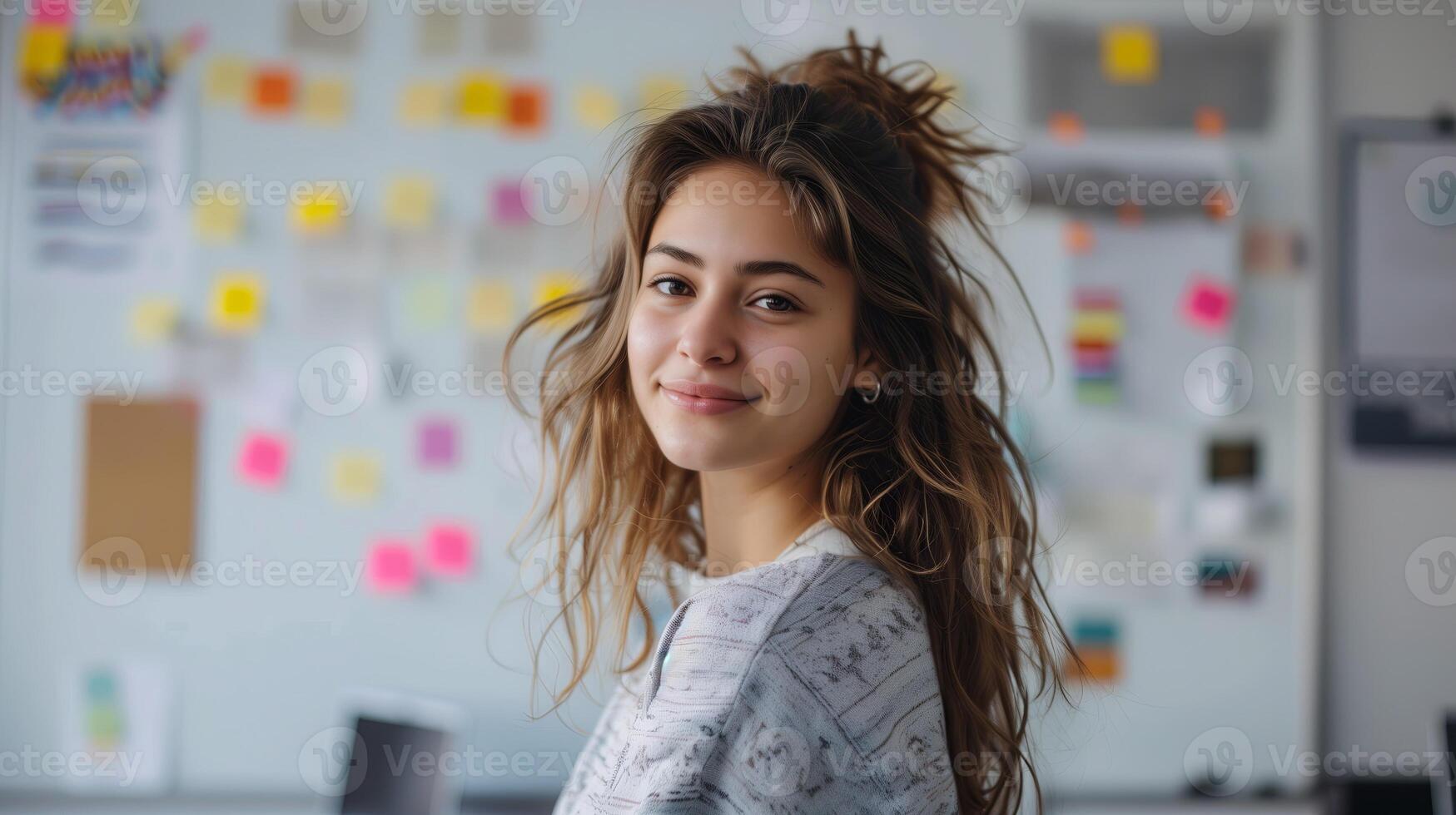 AI generated portrait of woman in front of wall with sticky notes, adhesive notes on wall photo
