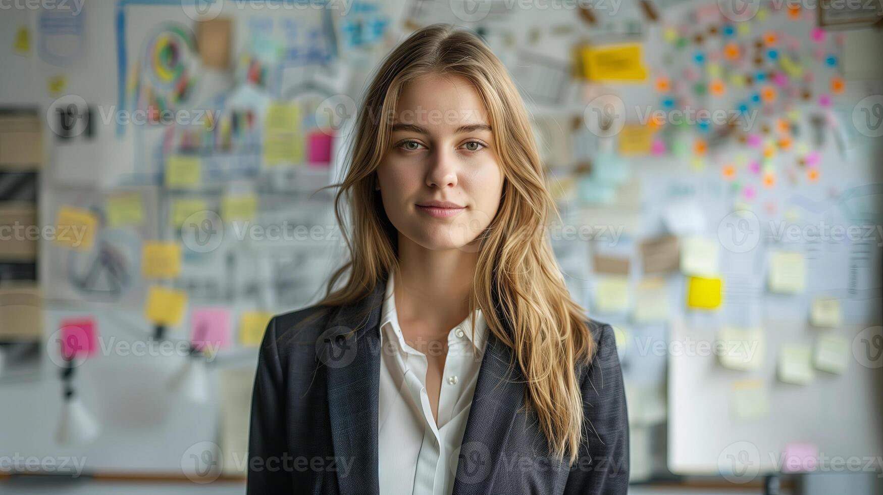 AI generated Businesswoman in front of wall with sticky notes photo