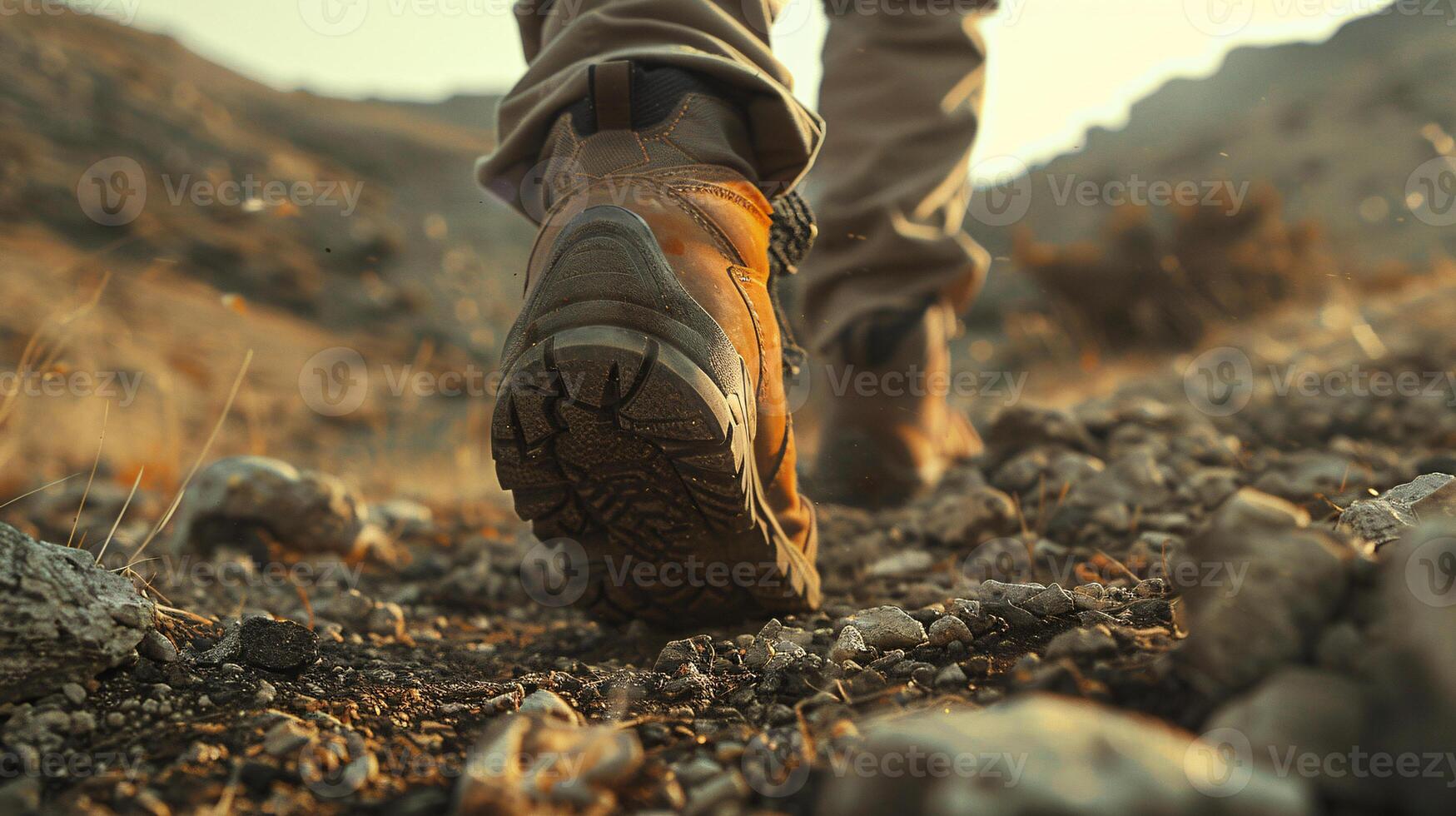 AI generated Hiker Boots on Mountain Trail at Sunset. a close-up shot of their left foot from the ground. a cinematic photo of a scene of a hiker hiking