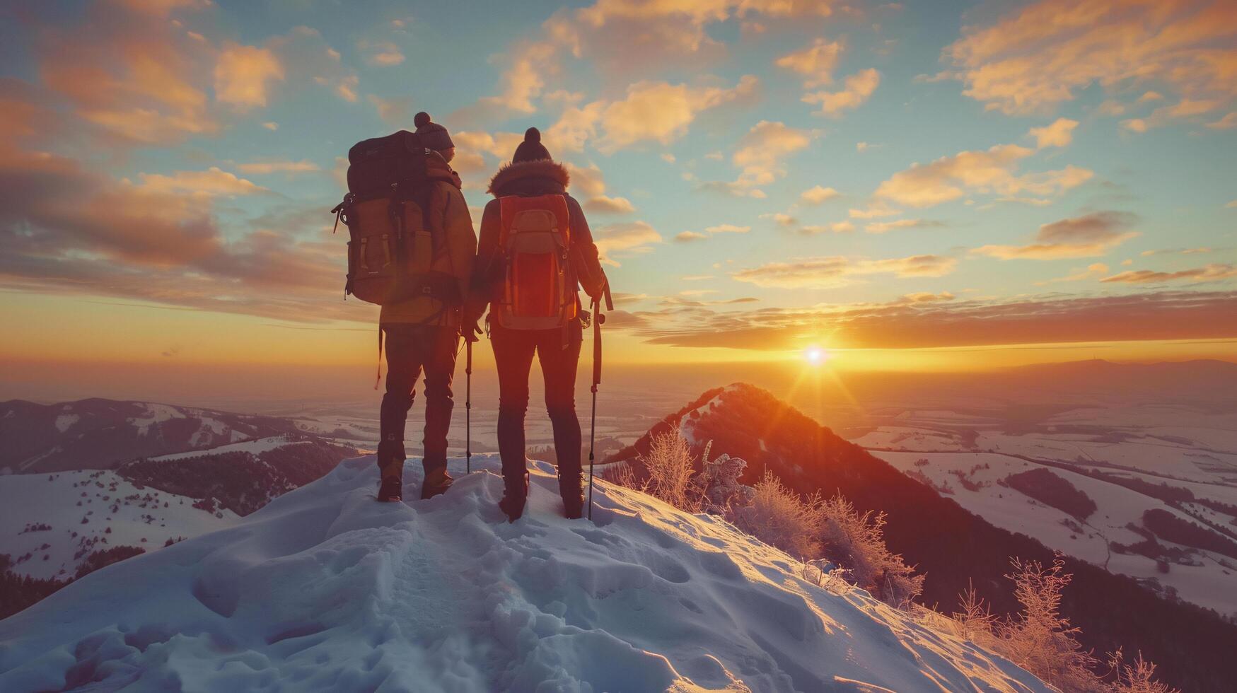 AI generated Summit Triumph Couple Embracing Winter Sunset on Mountain Peak photo