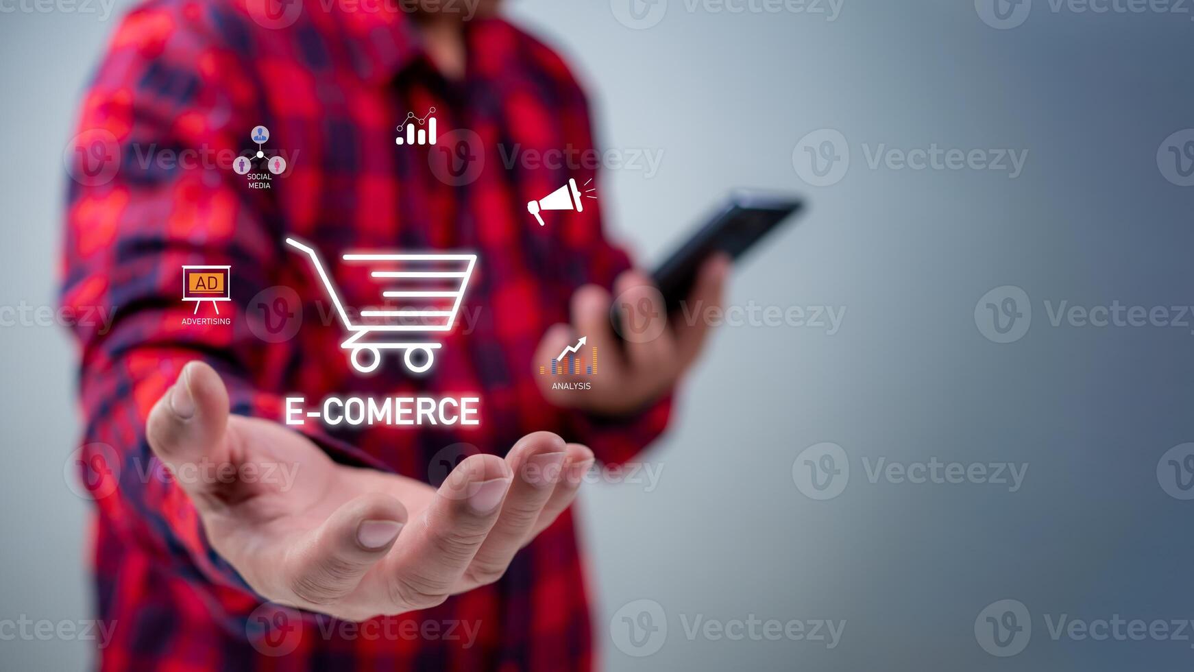 empresario o cliente sostener teléfono inteligente con en línea compras concepto, mercado sitio web con virtual interfaz de en línea compras carro parte de el comercio electrónico márketing red. foto