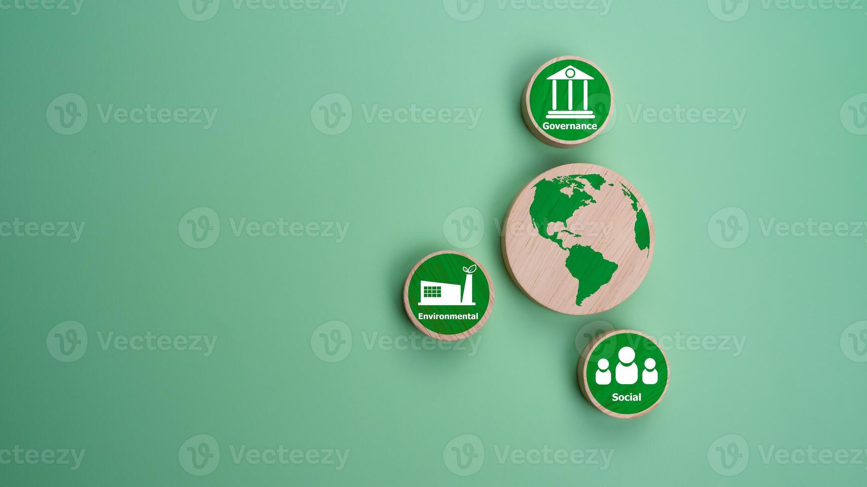 ESG concepts for sustainable environment, society and governance Businesses are environmentally responsible, A circular wooden board with the abbreviation ESG printed on a green background. photo