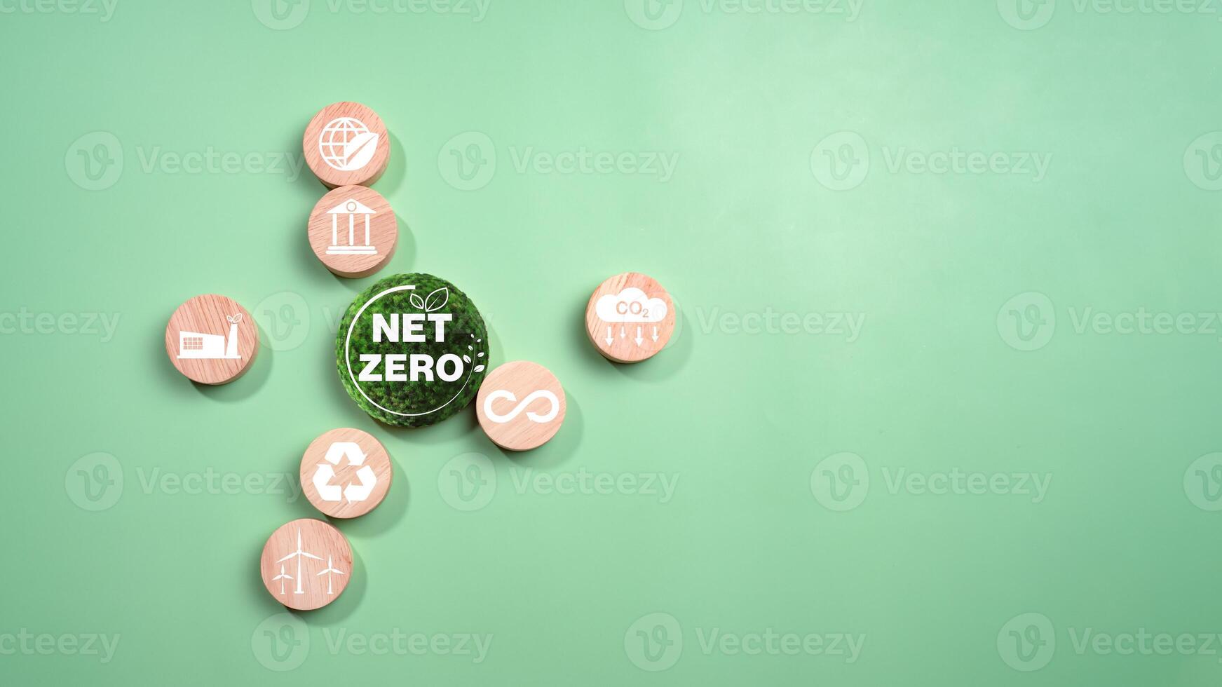 Circular wooden board with net zero icon in 2050 on green background, Net zero by 2050, Carbon neutral, Net zero green house gas emissions target, Climate neutral long term strategy, No toxic gases. photo