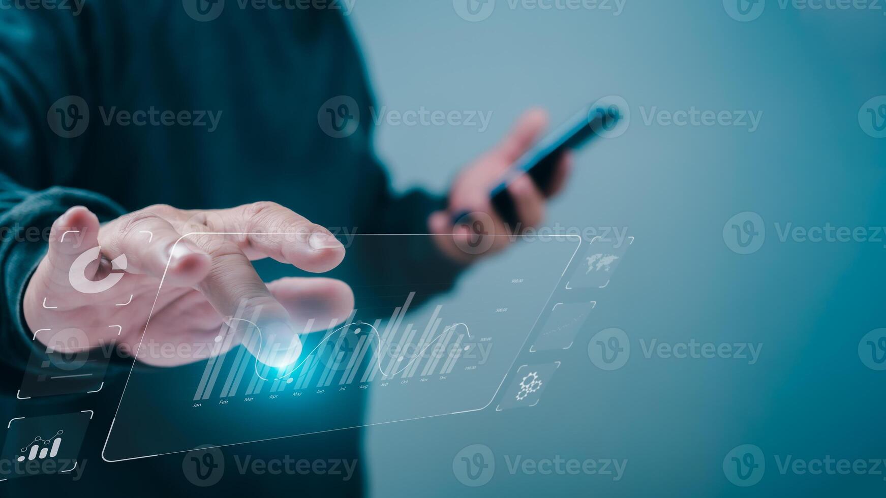 Businessman or trader is showing a growing virtual hologram stock, invest in trading, Stock market, Business growth, progress or success concept. photo