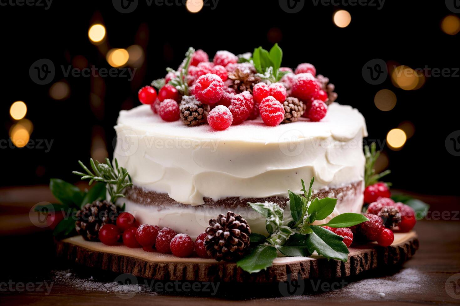 AI generated Layered cake decorated with berries, raspberries on top and fresh leaves, pine cones decoration on bokeh background for Christmas season or Birthday photo