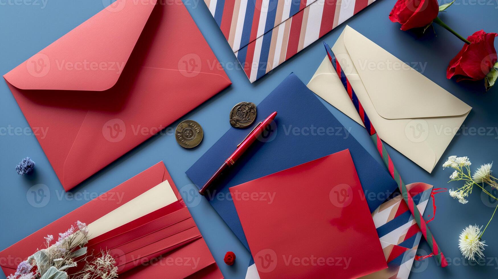 AI generated Postal Airmail Stationery set vintage retro style paper, letter, envelope, stamp and postal elements graphic template frames illustration photo