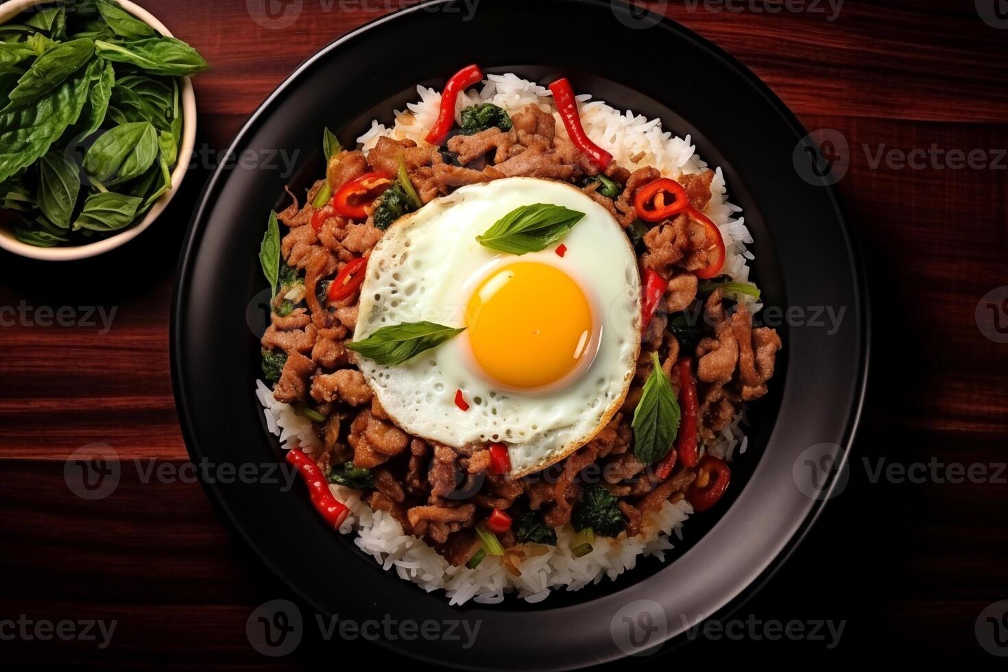 AI generated Top view Stir fried minced pork, chili and Thai basil leaves spicy with fried eggs on topped rice, Local food street menu in Thailand photo
