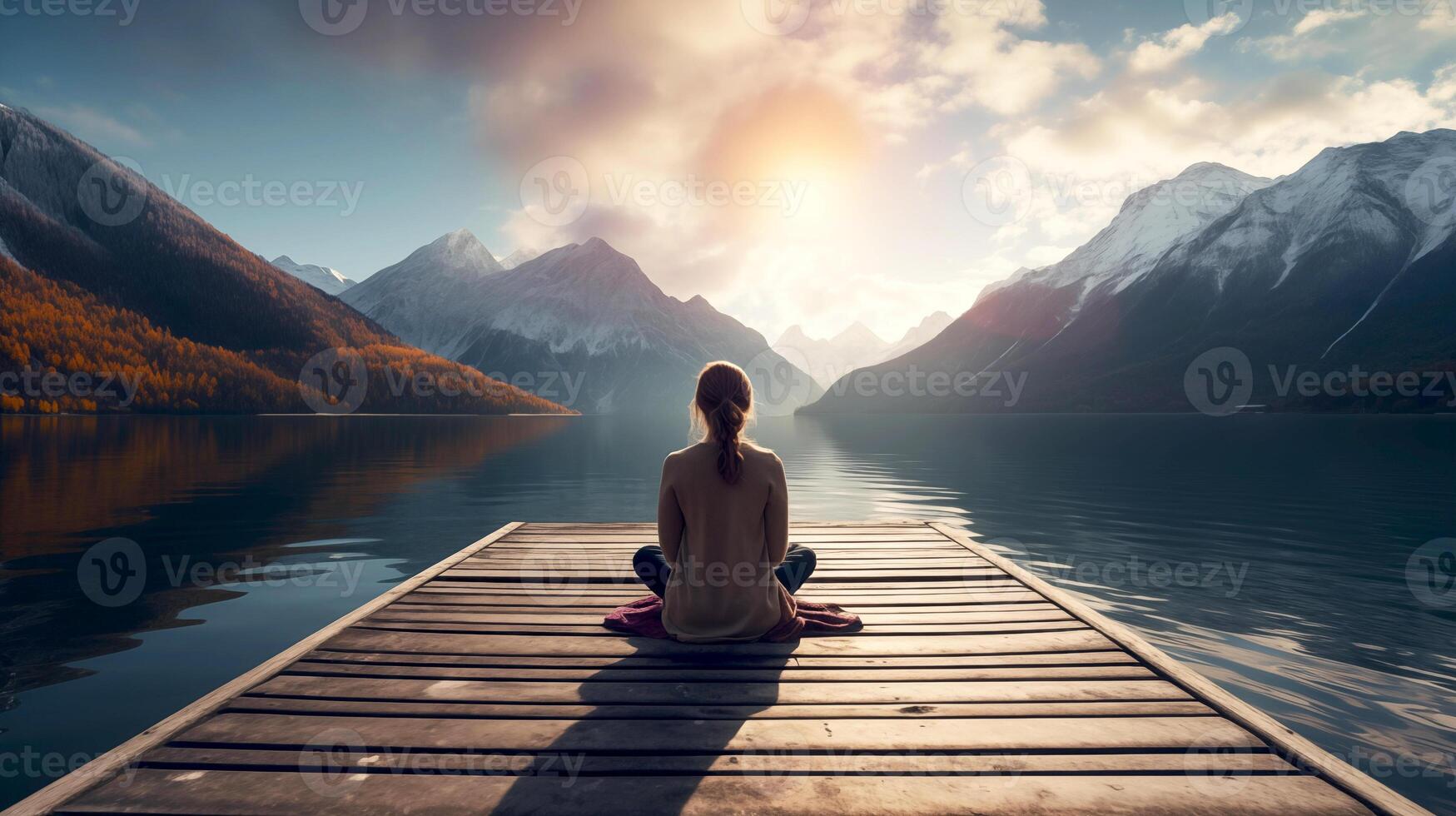 AI generated Calm evening meditation scene of a young woman is meditating while sitting on wooden pier outdoors with beautiful lake and mountains nature. wellness soul concept before sunset photo