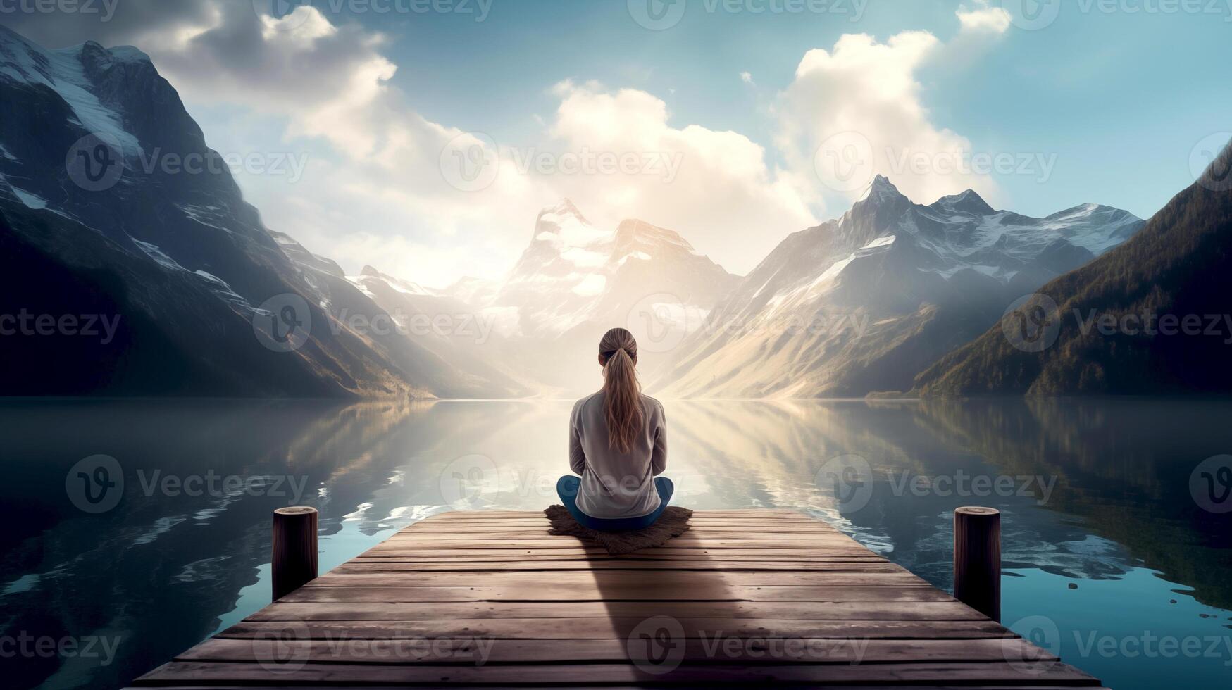 AI generated Calm morning meditation scene of a young woman is meditating while sitting on wooden pier outdoors with beautiful lake and mountains nature. wellness soul concept photo