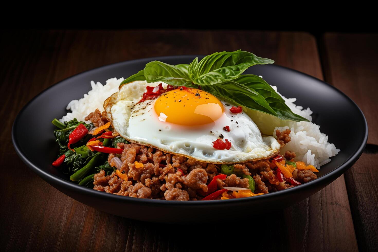 AI generated Closeup Stir fried minced pork, chili and Thai basil leaves spicy with fried eggs on topped rice, Local food street menu in Thailand photo