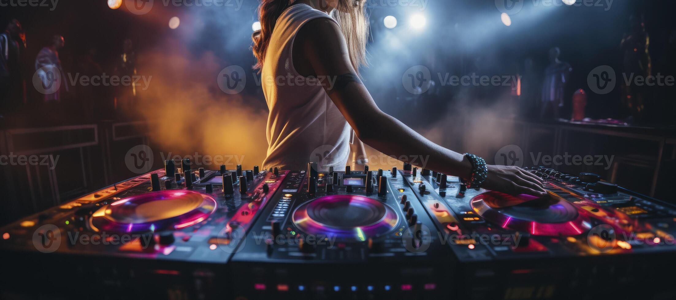 AI generated The Skillful Hand of a Female DJ Mastering the Mixer in a High-Energy Disco Club photo