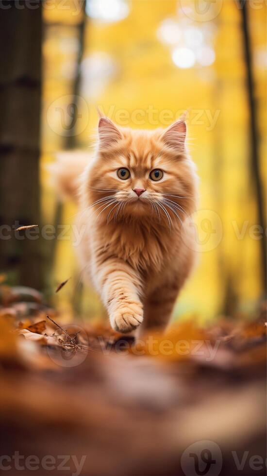 AI generated an orange cat walking through the woods. ai generated image. Pro Photo