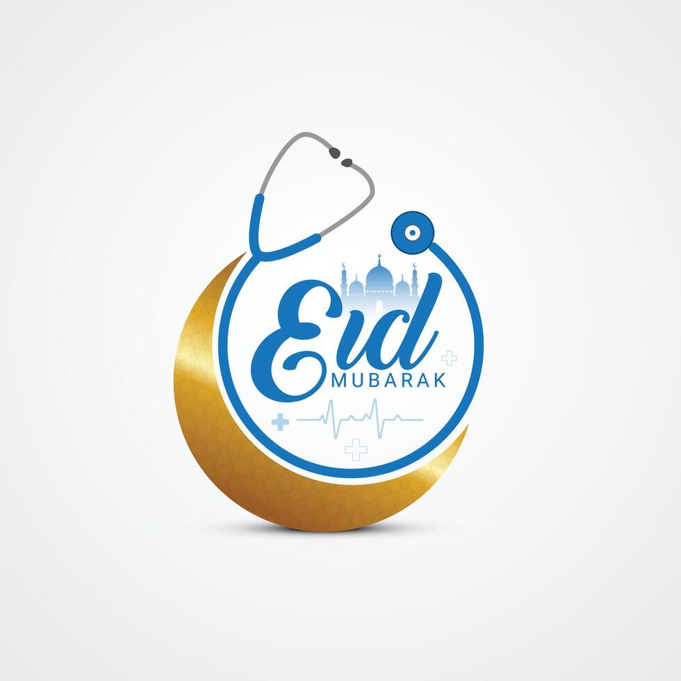 Gold moon with stethoscope and mosque logo EID letters, Doctor Eid, Ramadan concept, Eid Mubarak, Creative ad design for social media, It represents doctor, nurse, medical festival EID vector