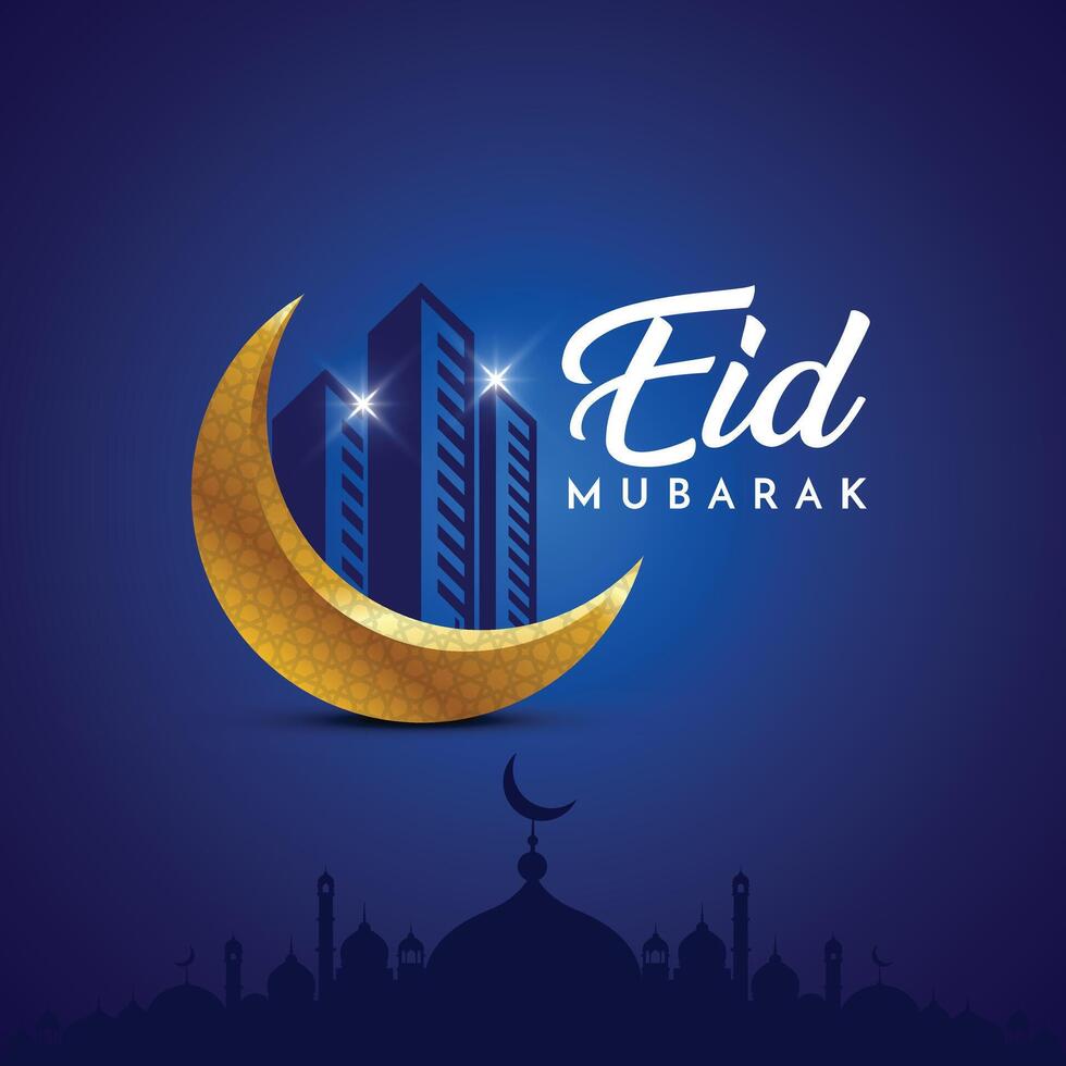 Golden decorative new moon with building on dark blue Islamic background, Eid and Ramadan concept for construction, builder, developer, engineer, civil engineer, housing, architect design vector