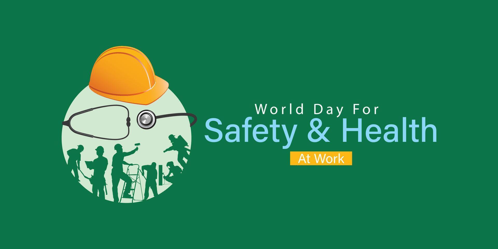 World Day for Safety and Health at Work. Construction helmet earth and stethoscope for safe and healthy work day, work safety awareness template for banner, card, background, safety and health sign vector
