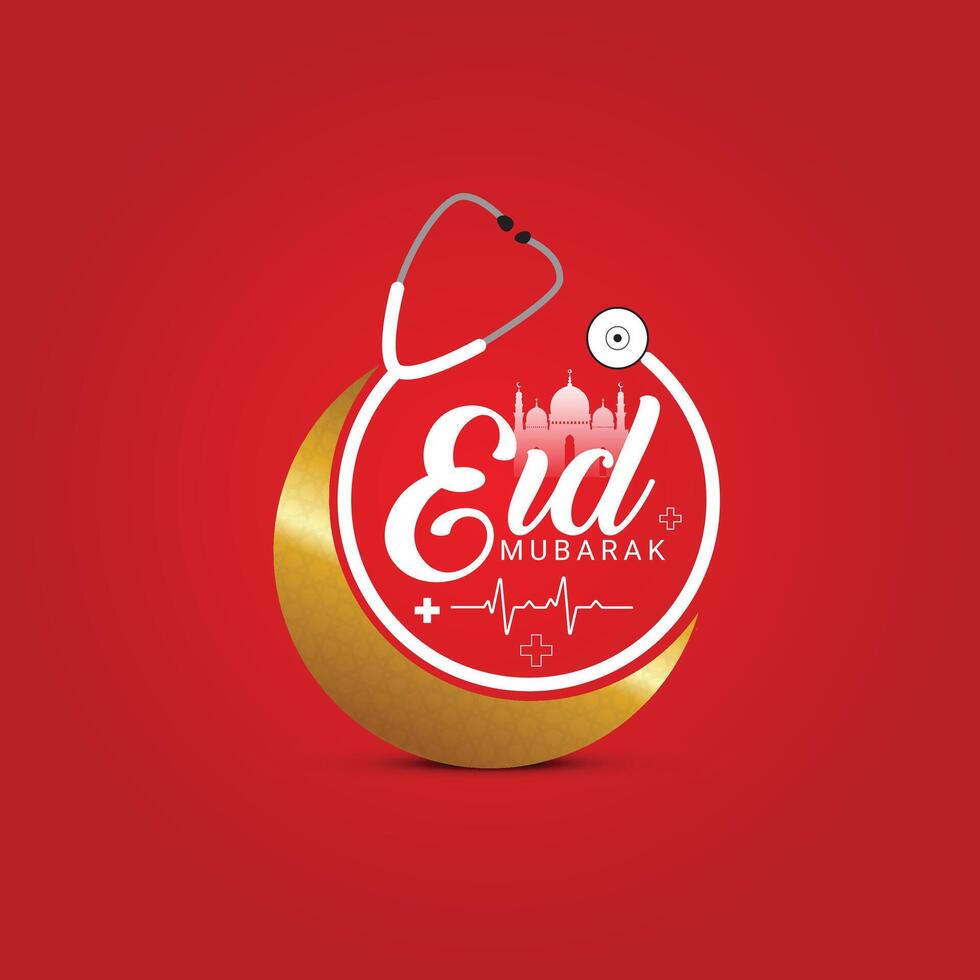 oro Luna con estetoscopio y mezquita logo eid letras, médico eid, Ramadán concepto, eid mubarak, creativo anuncio diseño para social medios de comunicación, eso representa doctor, enfermero, médico festival eid vector