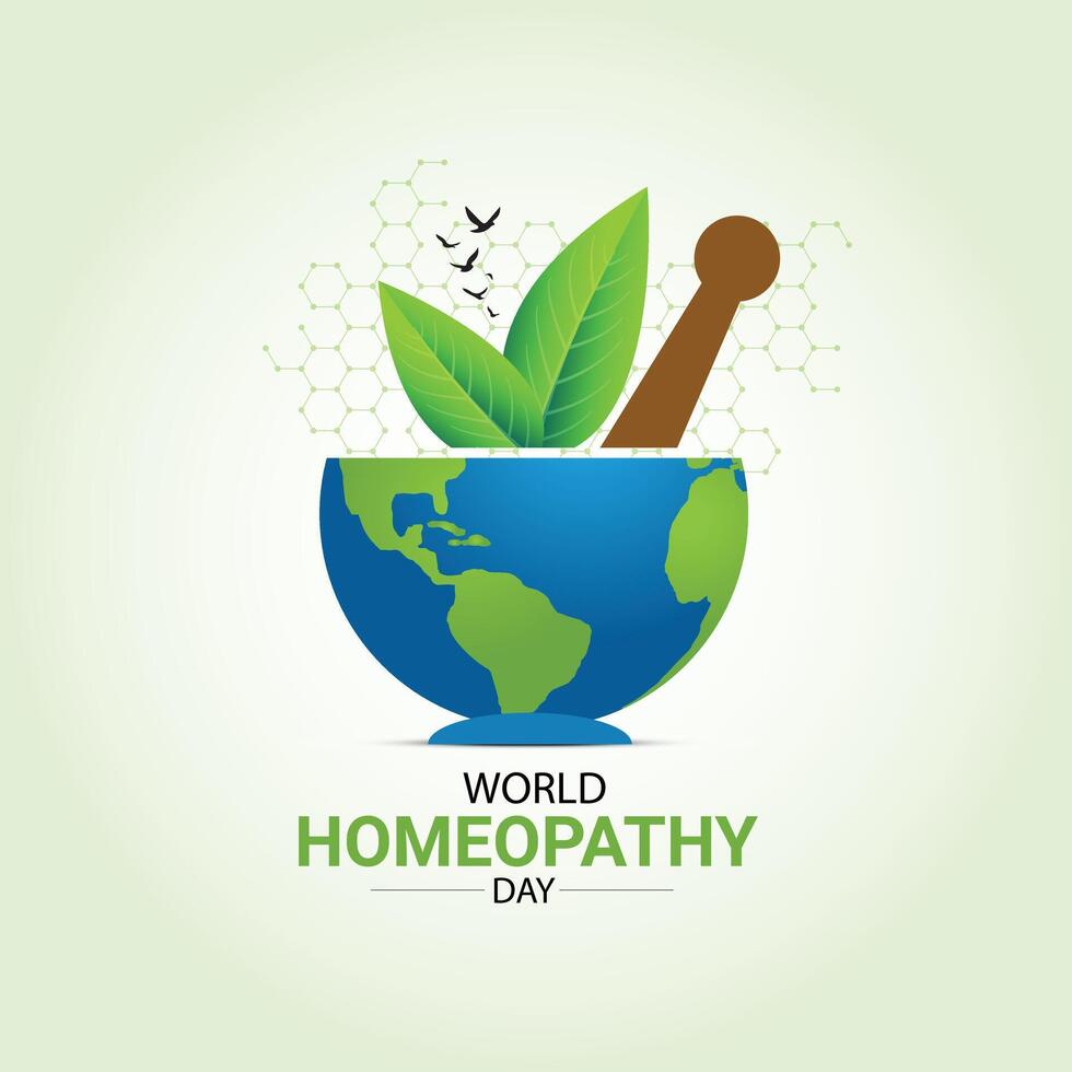 mundo homeopatía día. verde resumen fondo, el día es un celebracion de ambos homeopatía y esos quien tener estado curado por homeopatía. homeopatía médico día, homeopatía día creativo ideas vector