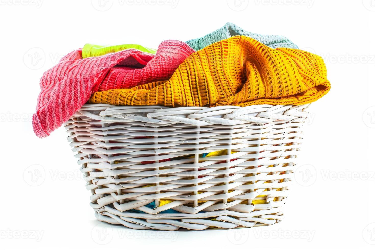 AI generated Overflowing Laundry Basket of Clothes Isolated on White Background photo