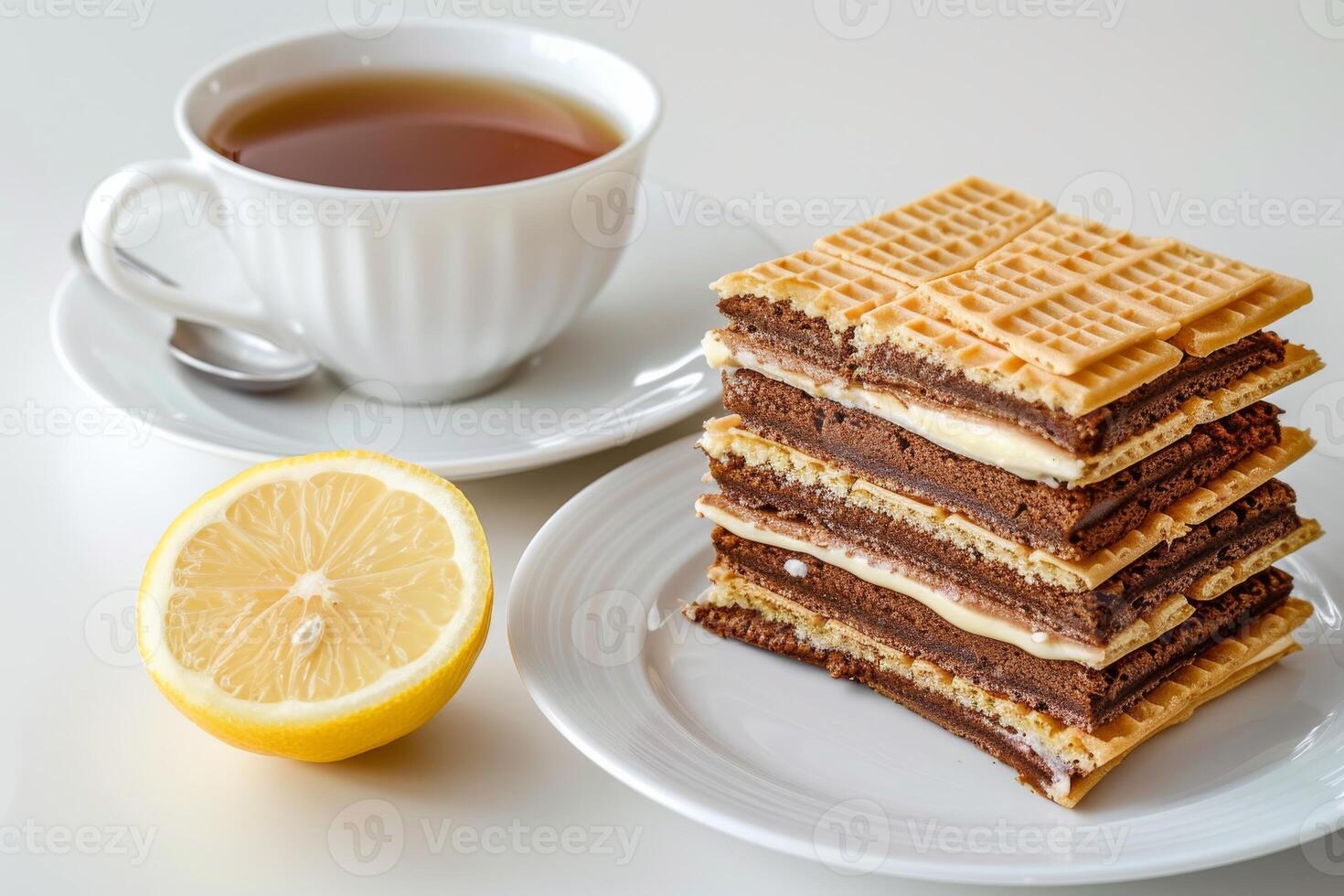 AI generated Refreshing Lemon Tea in Cup and Saucer Isolated on White Background photo