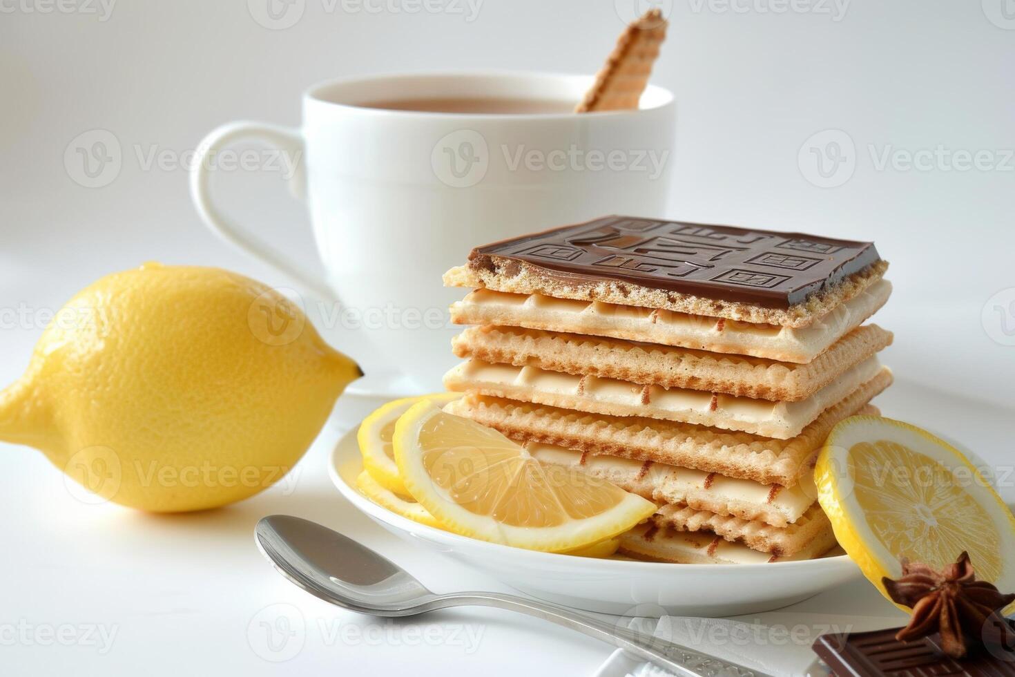 AI generated Aromatic Lemon Tea in Cup and Saucer Isolated on White Background photo