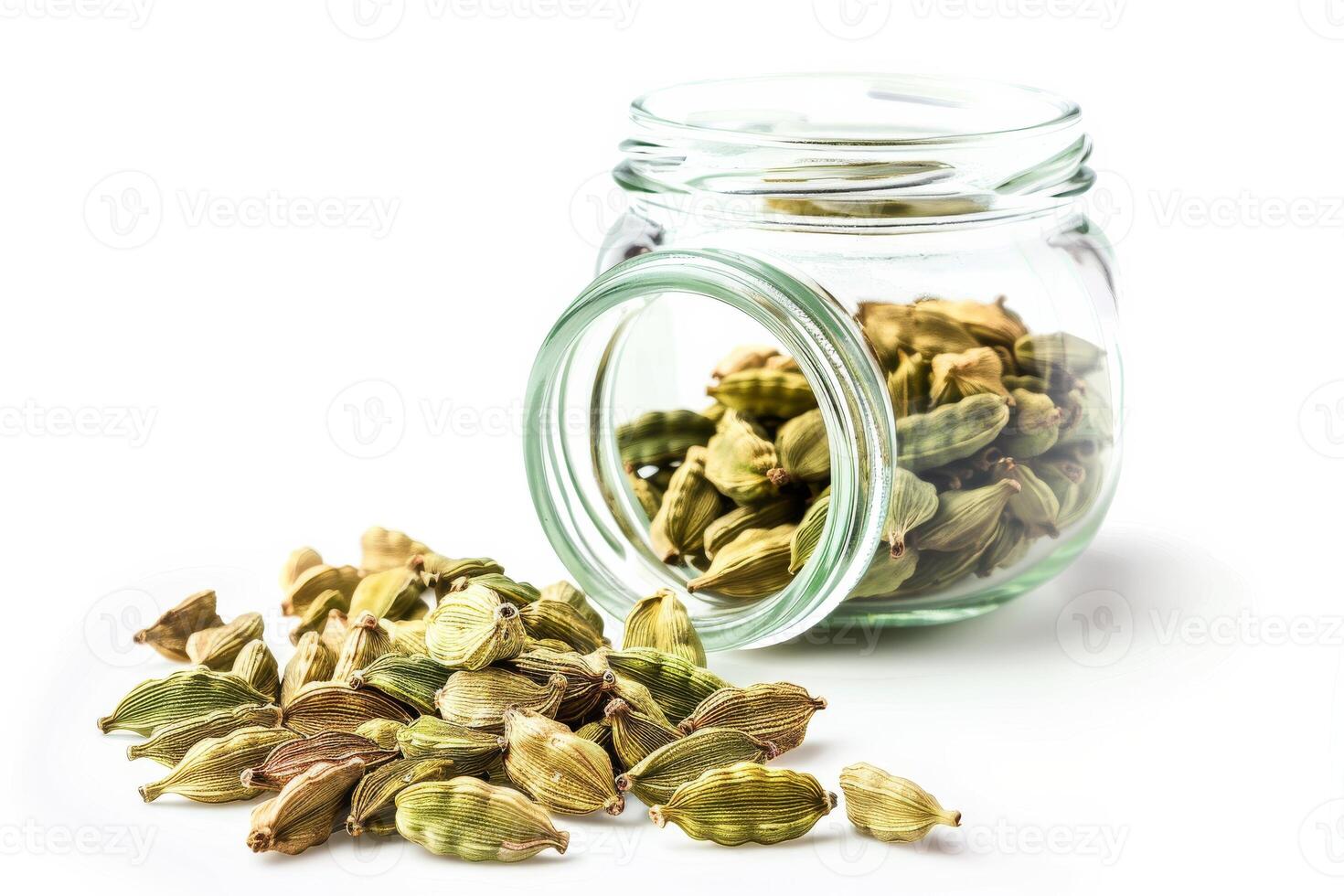 AI generated Fresh Cardamom Seeds in an Open Jar Isolated on White Background photo