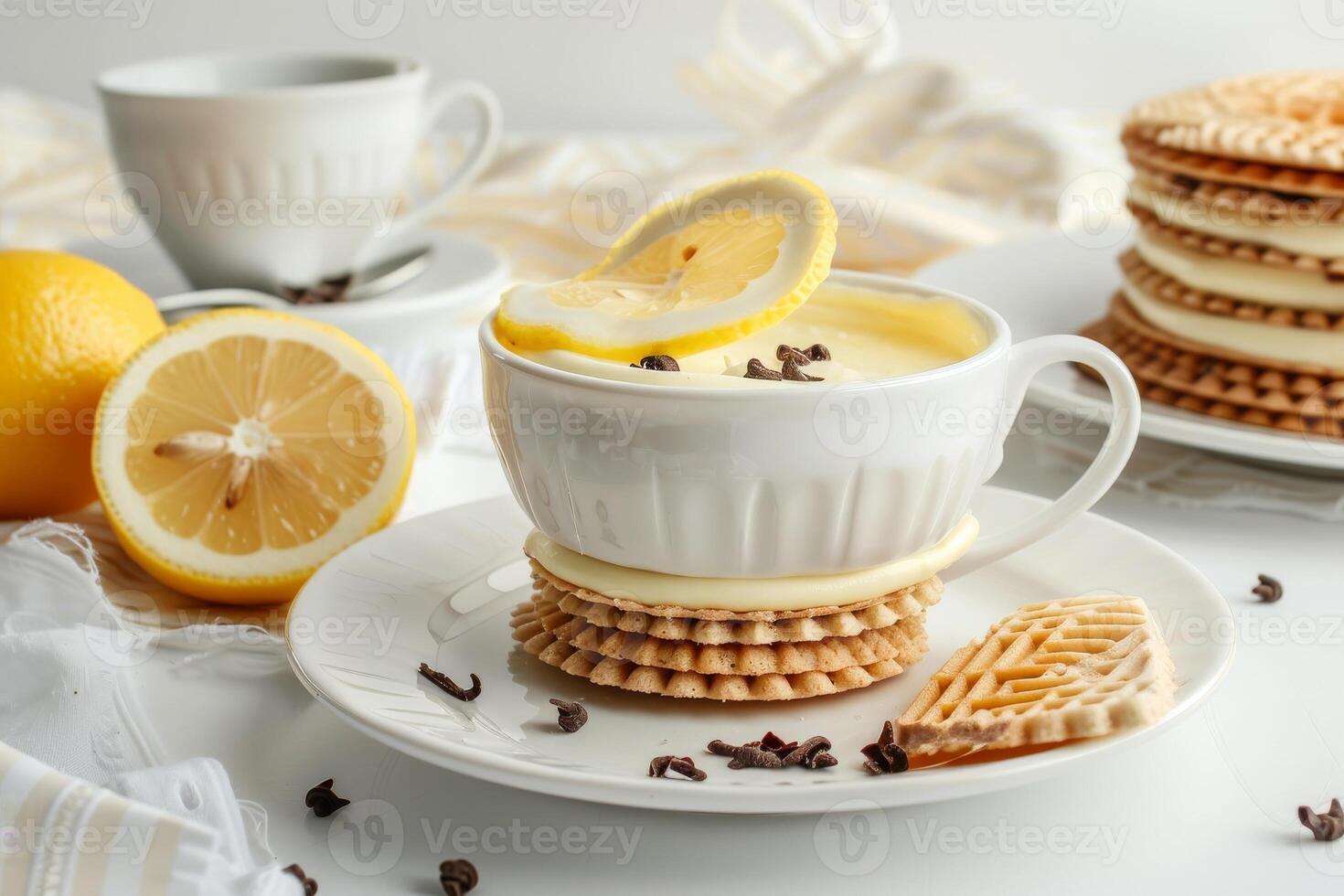 AI generated Hot Lemon Tea in Cup and Saucer Isolated on White Background photo