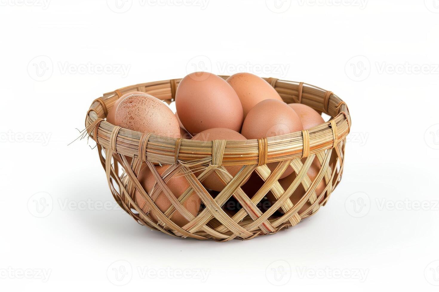 AI generated Eggs in Bamboo Basket Isolated on White Background photo