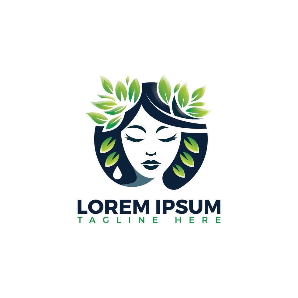 A logo design featuring a woman with leaves on her head, representing nature and organic elements vector
