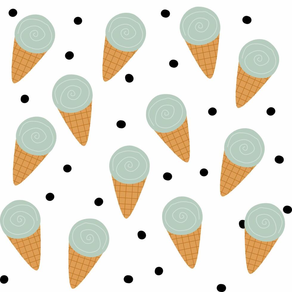 Cute Childish seamless pattern ice cream with cone and black dot on white suitable for fabric prints, wrapping paper, kids clothing, Kids Apparel, Surface Design, Packaging Pattern vector