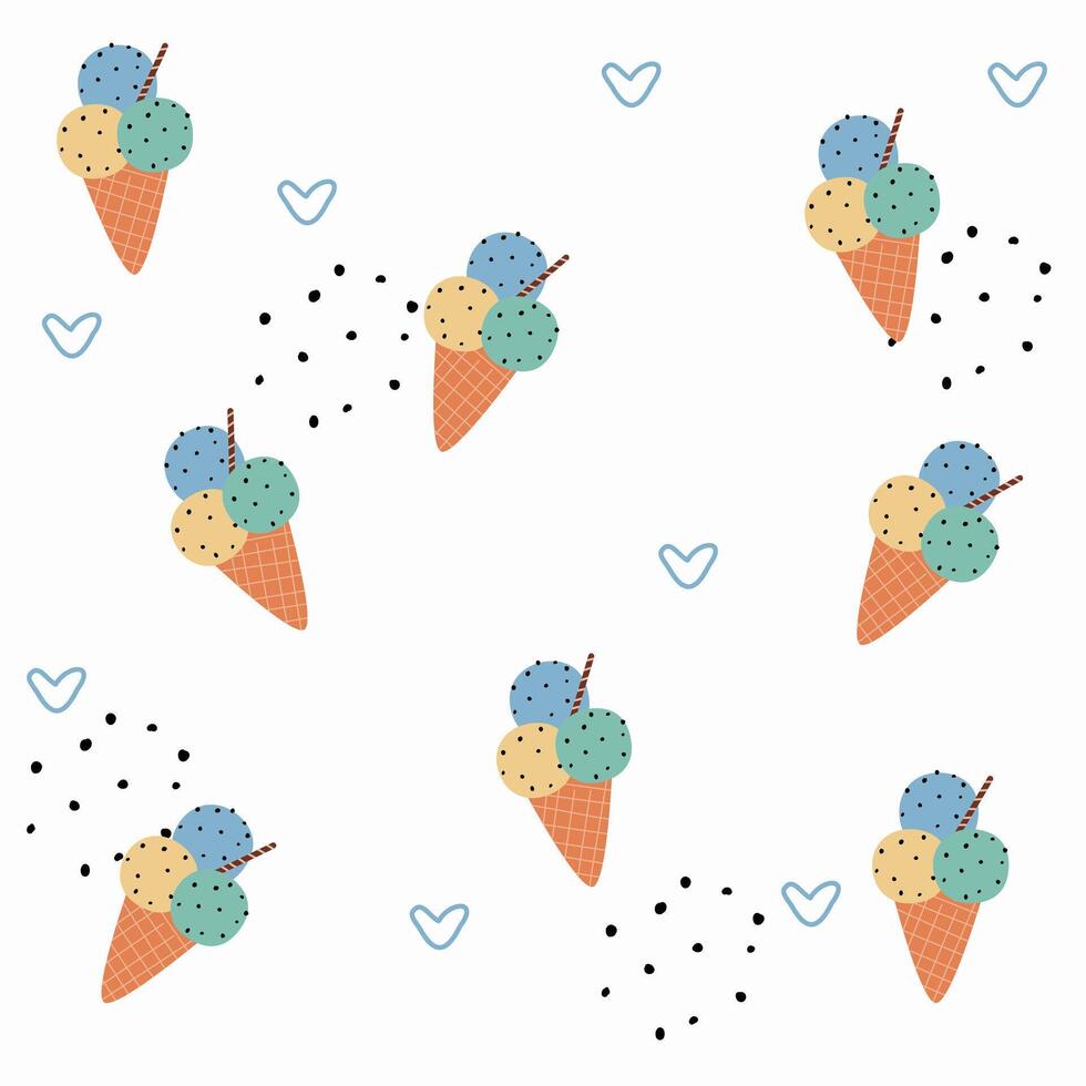 Cute Childish seamless pattern ice cream with cone, hand drawn love and dot on white suitable for fabric prints, wrapping paper, kids clothing, Kids Apparel, Surface Design, Packaging Pattern vector