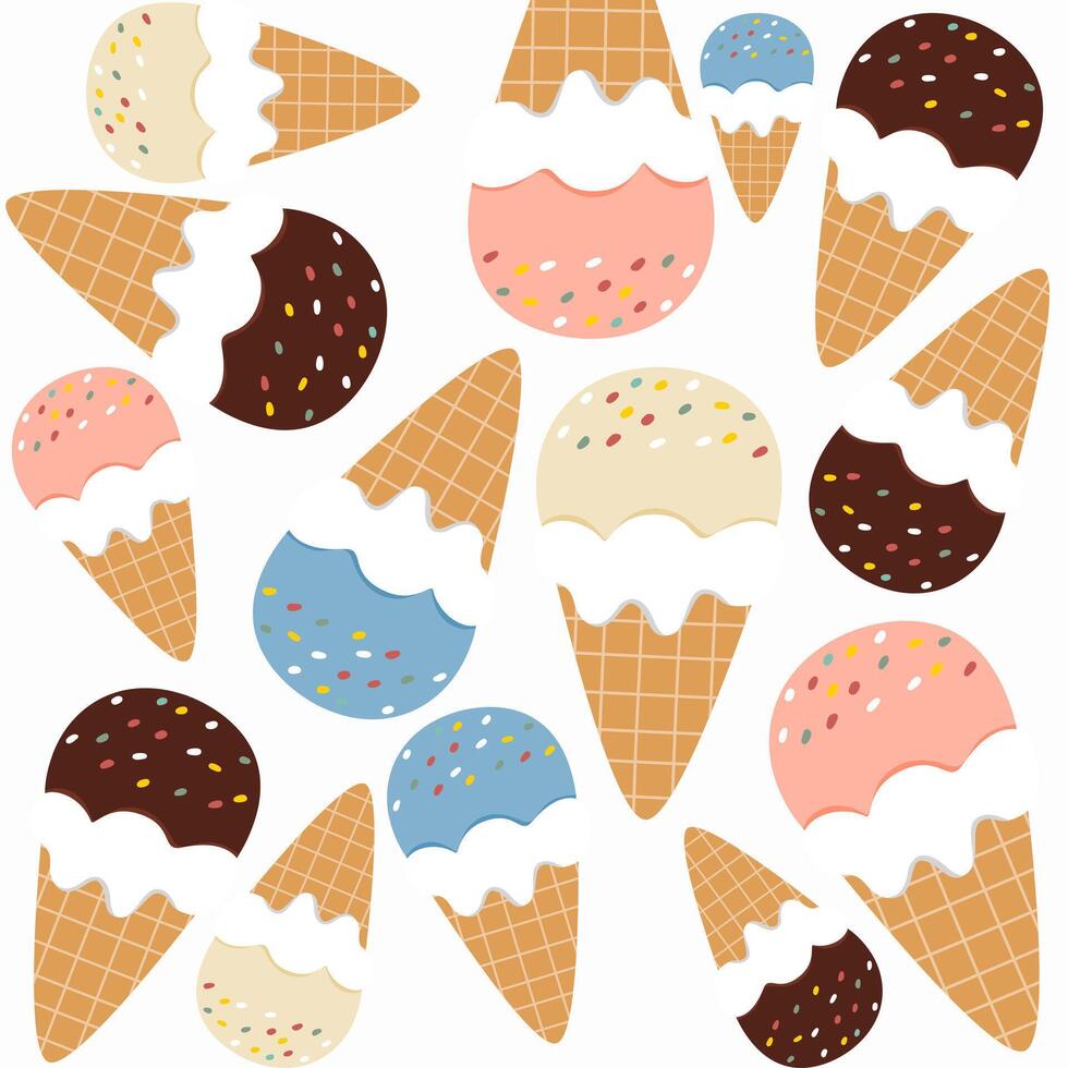 Cute Childish seamless pattern ice cream with cone on white suitable for fabric prints, wrapping paper, kids clothing, Kids Apparel, Surface Design, Packaging Pattern vector