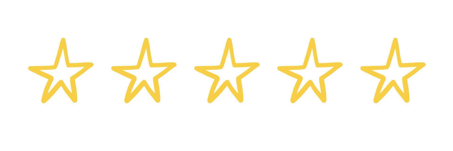 Five star doodle. Hand drawn quality, review yellow five star illustration. Award, quality, feedback concept elements. Sketch grunge style. Isolated vector