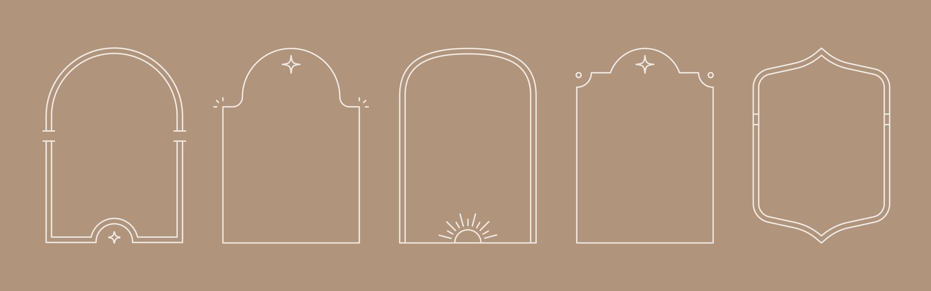 Line arch frame set. Minimal line style arch, oval shape boho frame element for badge, logo design. Vector