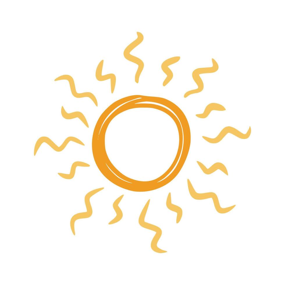 Doodle sun sketch illustration. Hand drawn cute orange sunshine. Scribble doodle children drawn style. Vector