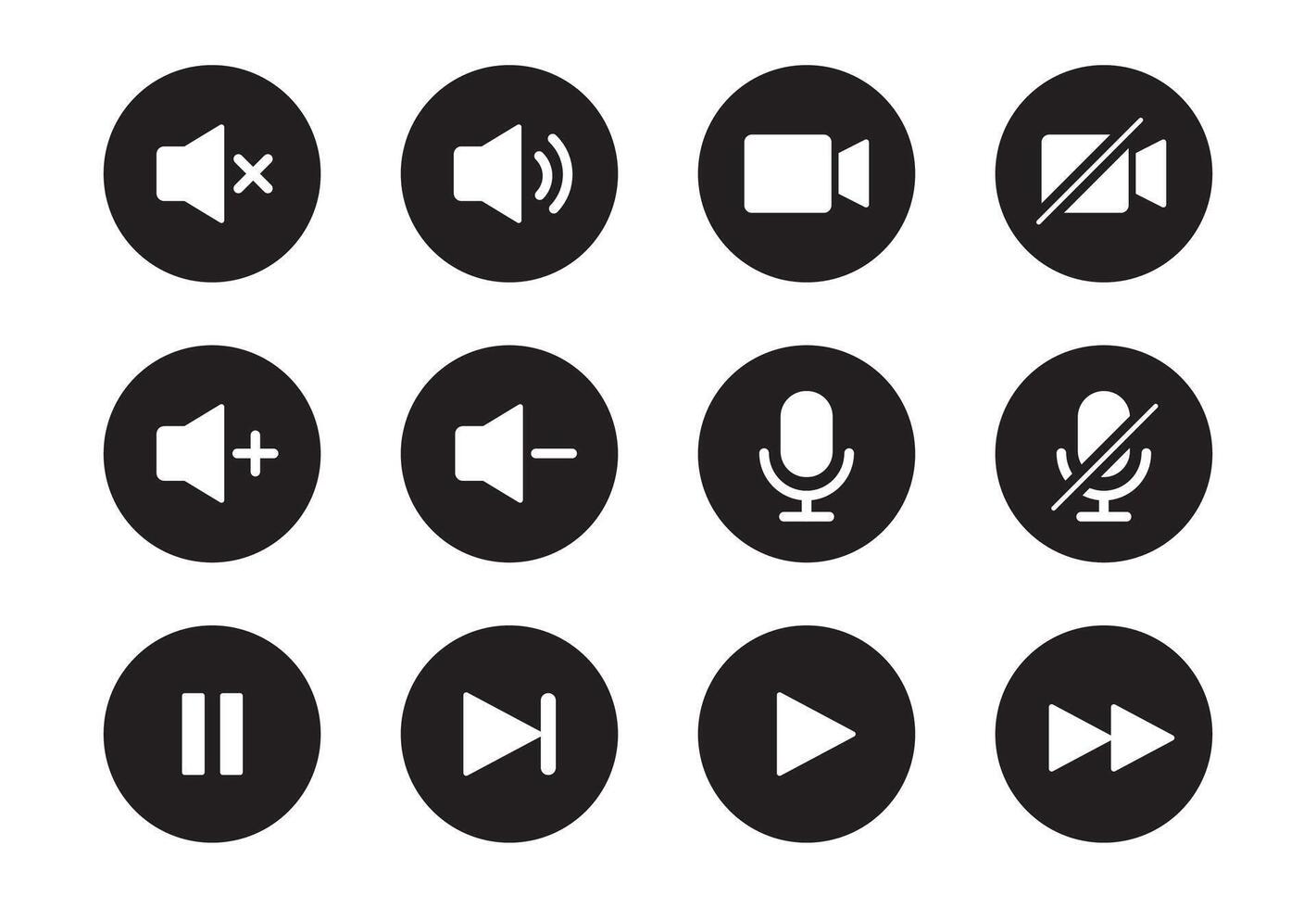 Audio, video, music player button icon. Sound control, play, pause button solid icon set. Camera, media control, microphone interface pictogram.  Vector