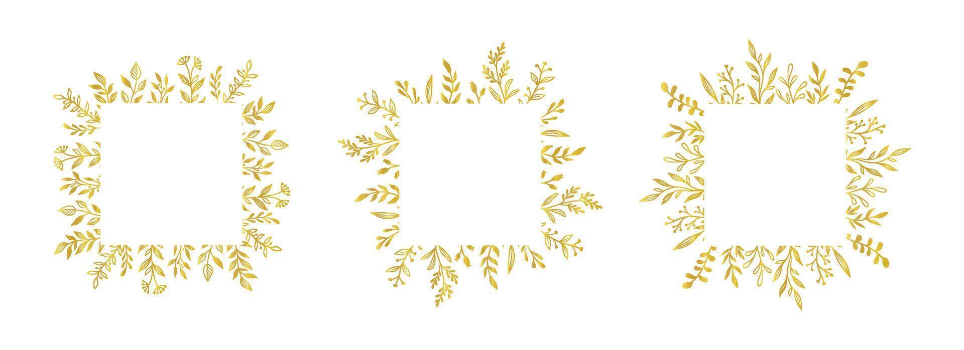 Gold floral square border set. Vector golden floral leaf wreath border. Wedding square frame design. Hand drawn rustic flourish elegant rectangle frame. Vector illustration