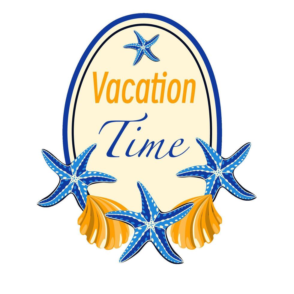 Vacation time card with starfish and seashell vector illustration