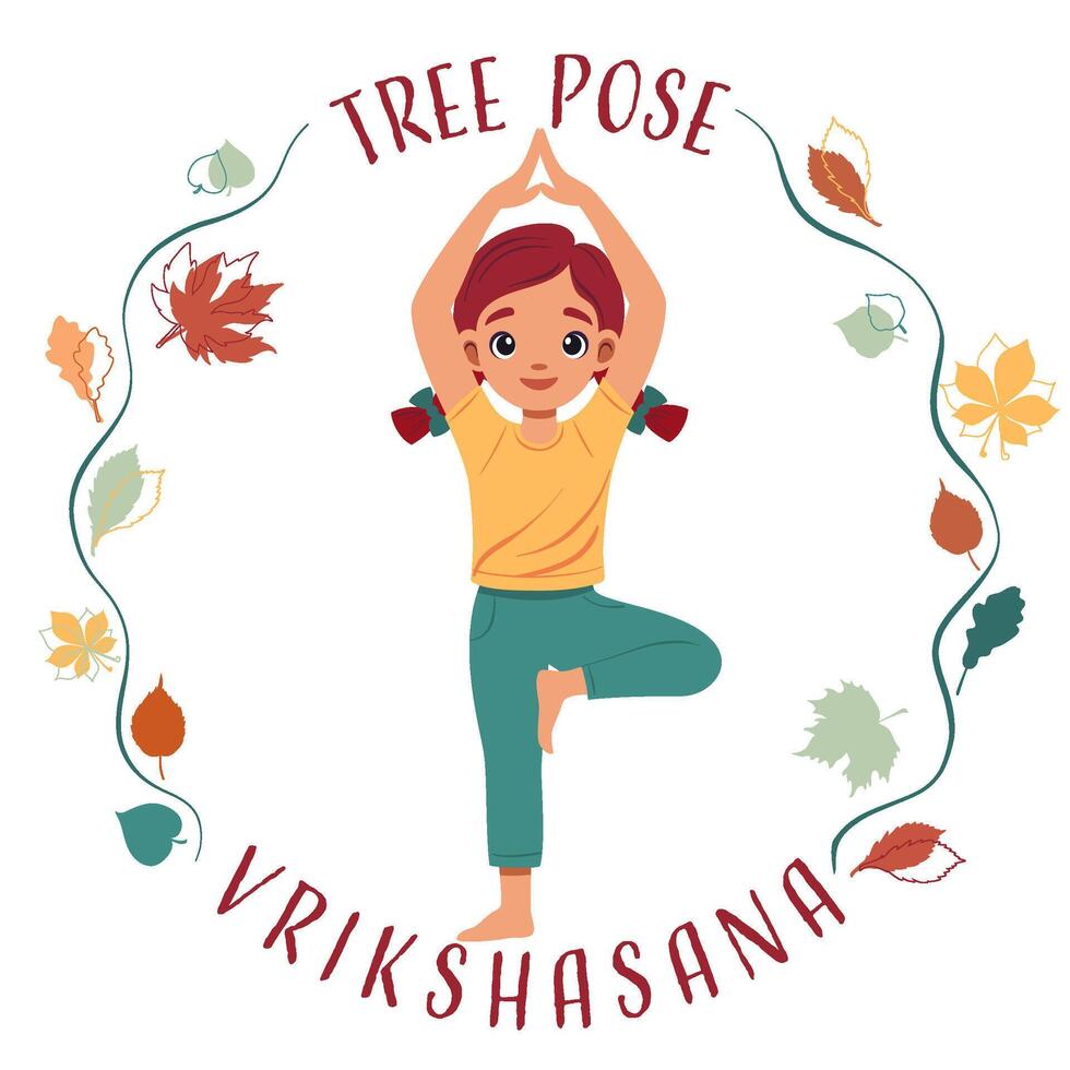niña haciendo yoga árbol actitud vector