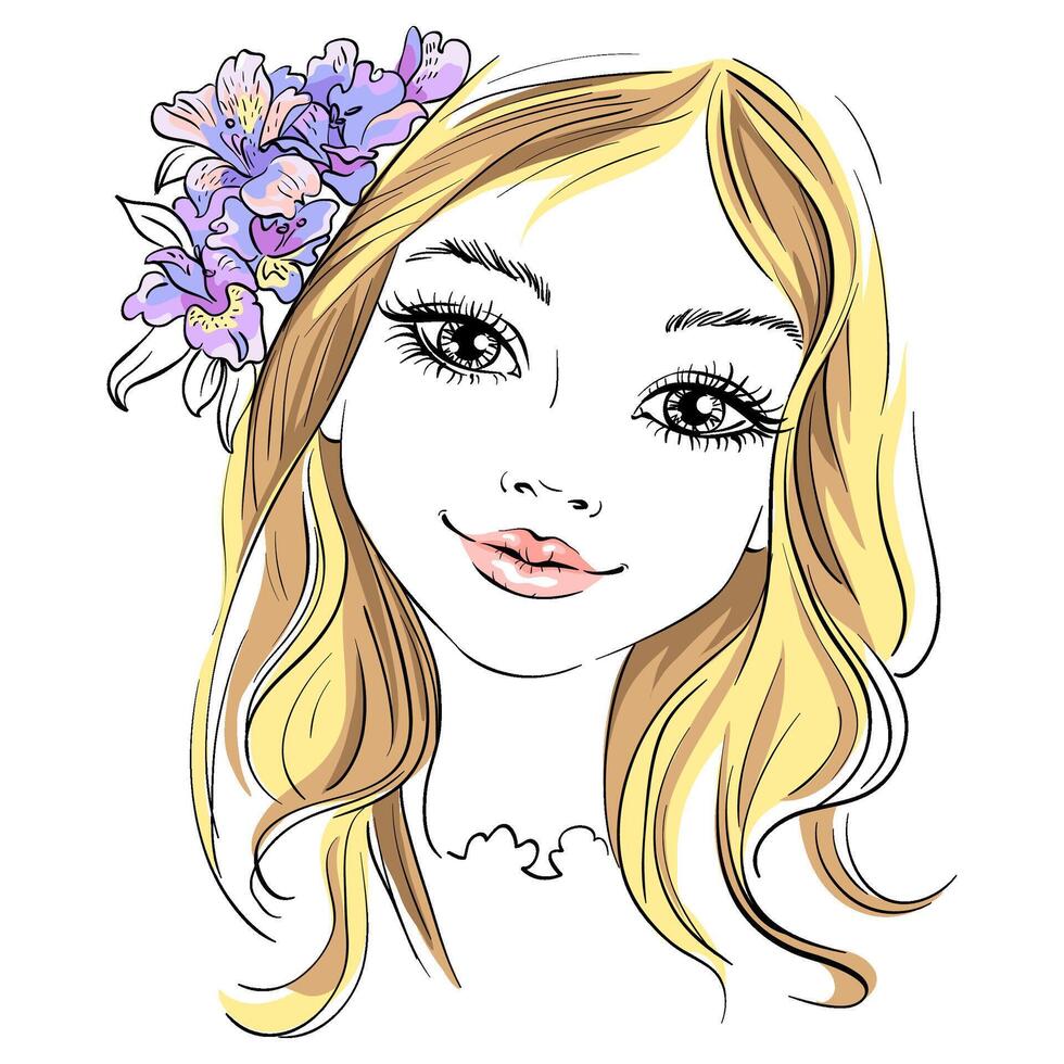 Vector beautiful fashion girl with flower in hair