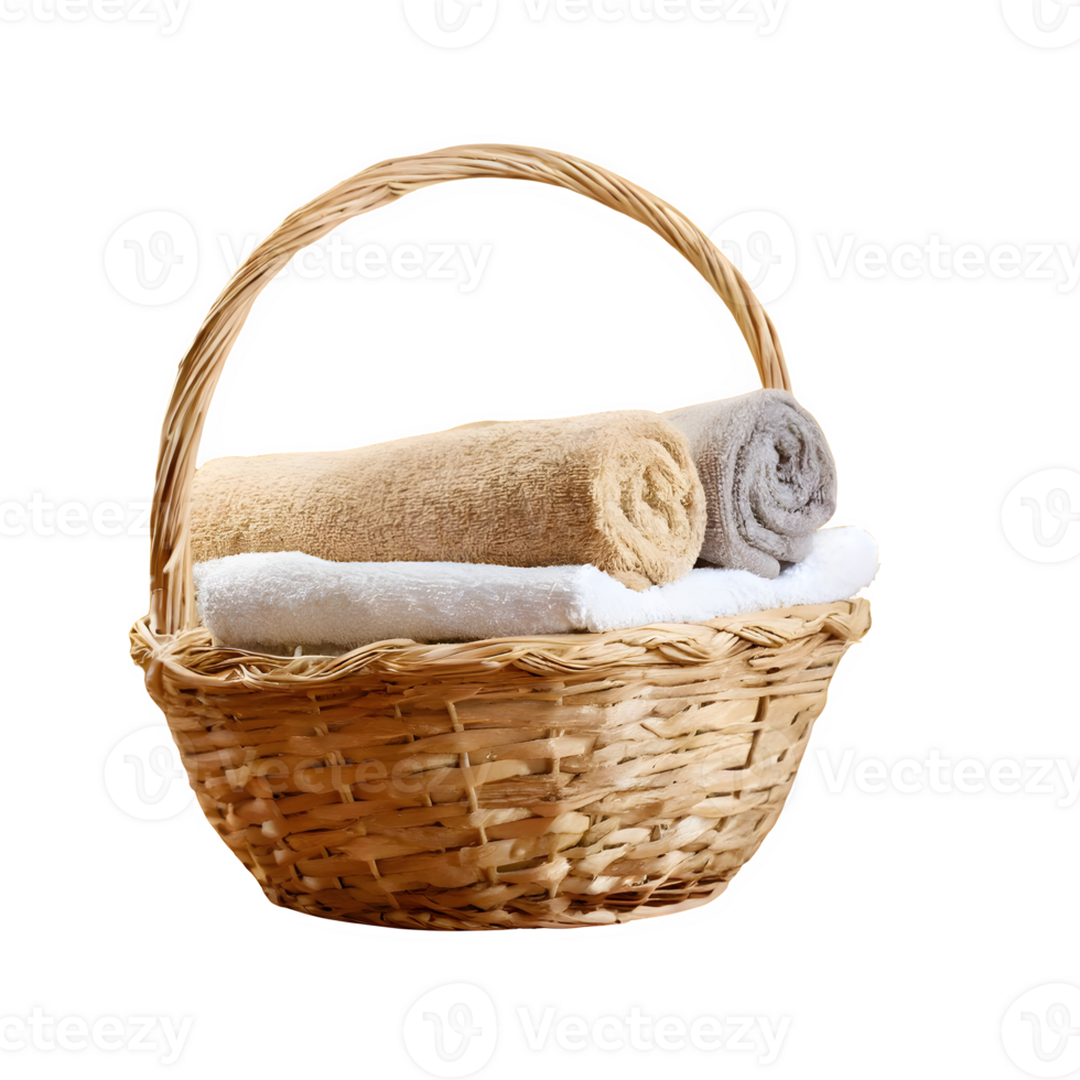 AI generated Basket of clean towels on a wooden table isolated on transparent background png