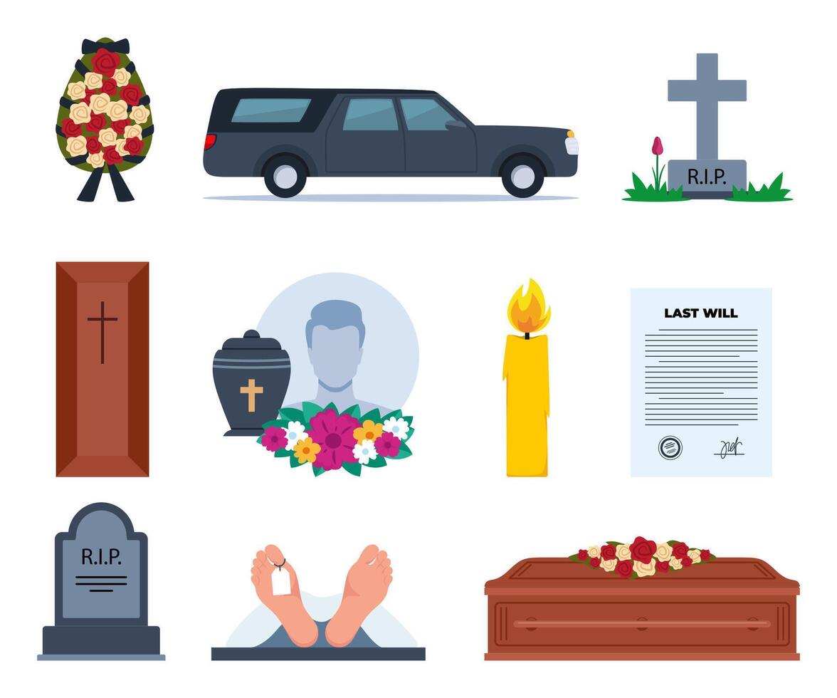 Funeral icons. Funeral accessories. Funeral wreath, coffin, tombstone, urn with ashes, death, priest, corpse, hearse, flowers, will. Ritual services, funeral agency concept. Vector illustration.