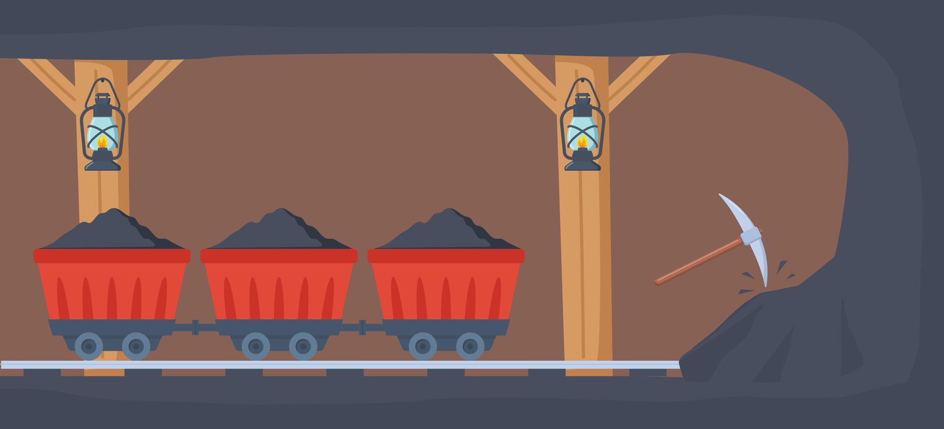 Coal mine tunnel. Trolley with coal in old mining cave interior. Hard work, extracting stone, metal construction for transportation. Vector illustration.