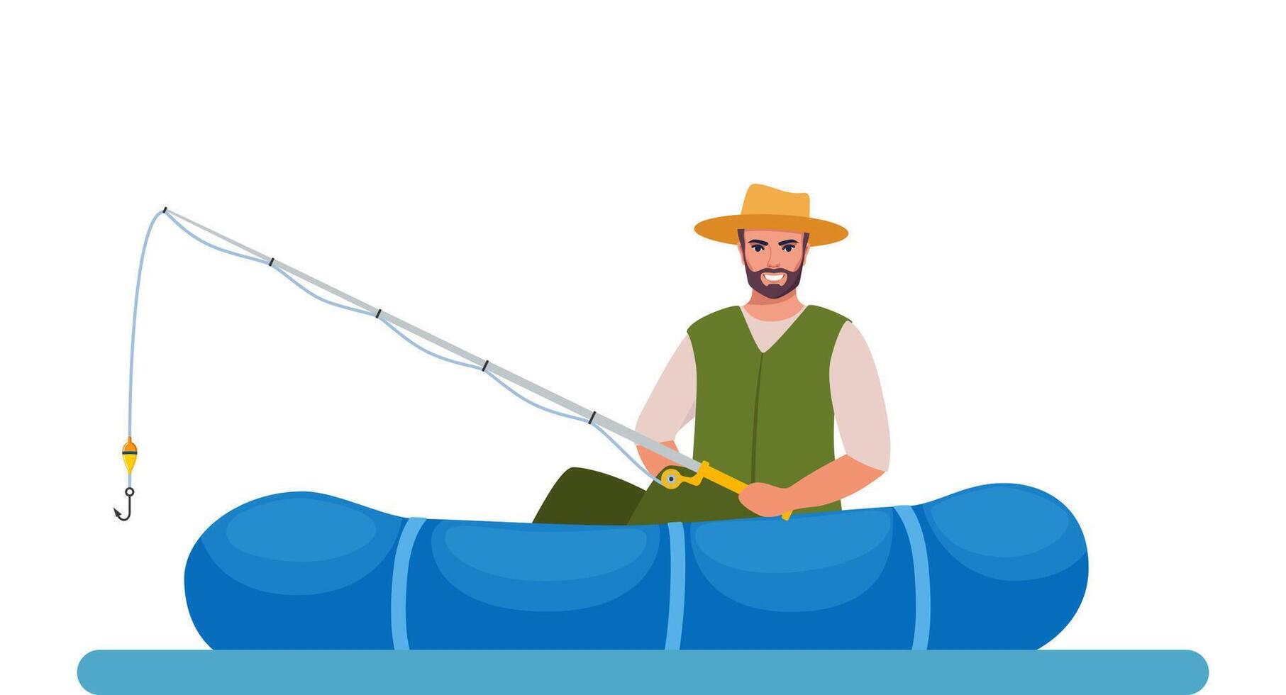 Man fishing. Fisherman at lake or river. Man in vest and hat. Guy waiting for catch a fish. Outdoor recreation, leisure time. Vector illustration.